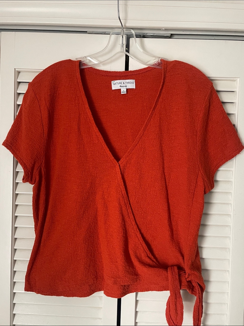 Madewell Texture & Thread Orange Short Sleeve Wrap Tie Top Sz L 100% cotton